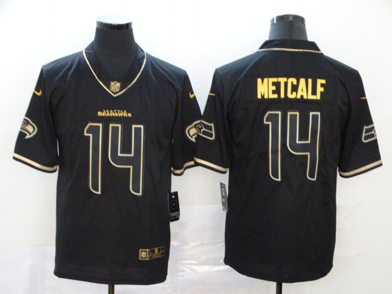 Men Seattle Seahawks 14 Metcalf Black Retro gold character Nike NFL Jerseys